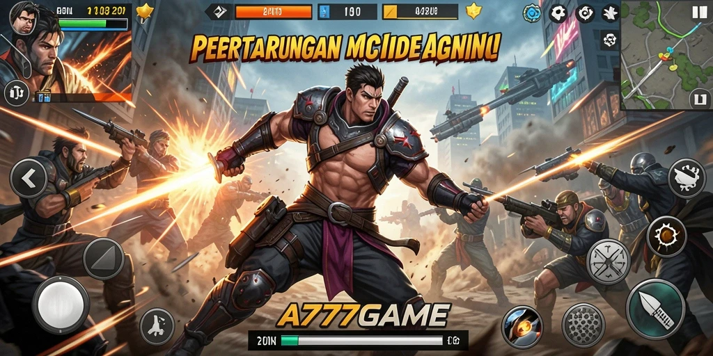 Tampilan aksi seru dalam A777GAME dengan pertempuran mendebarkan.