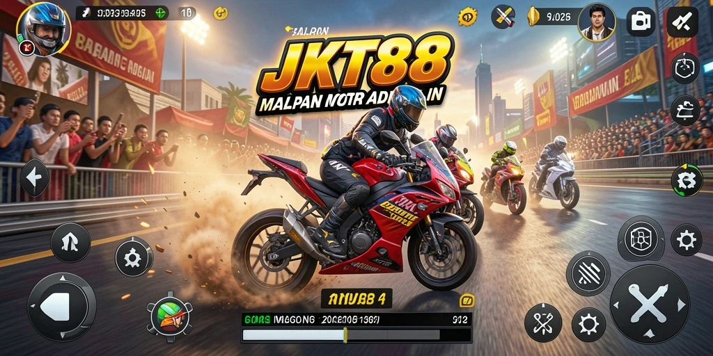 Screenshot utama JKT88 menampilkan aksi balapan motor yang mendebarkan.